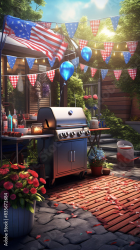 A patio with a grill, a flag, and a bunch of balloons