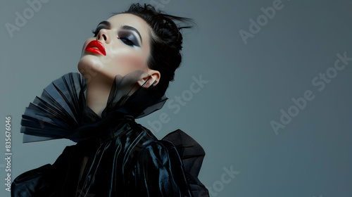 A fashion model in avant-garde clothing, standing in a striking pose with bold makeup, set against a stark, minimalist studio background with dramatic lighting