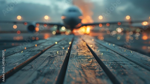 Airplane sitting on tarmac at night with runway lights in background travel and business concept