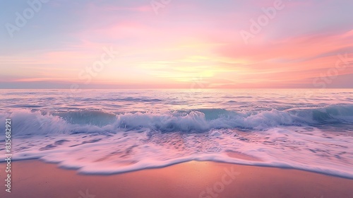 A peaceful sunset over a calm sea with soft waves gently lapping at the shore, the sky painted in gradients of pink, lavender, and peach, creating a serene and calming end to the day