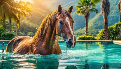 Happy animals horse swimming in the swimming pool on resort on background of palm trees, Ai generative.