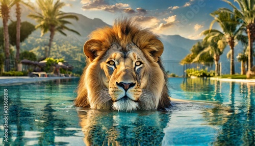 Happy animals lion swimming in the swimming pool on resort on background of palm trees, Ai generative.