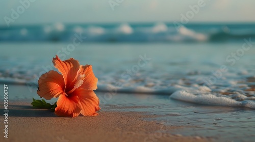 flower stuck in the sand at the beach