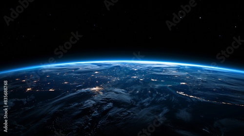 Stunning View of Earth from Space. An awe-inspiring image of Earth as seen from space, capturing the planet's atmosphere and the vibrant glow of city lights.