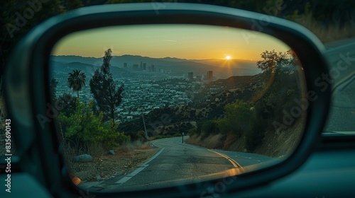 Urban Reflections: Los Angeles in a Car Mirror. a unique perspective of Los Angeles seen through a car's side mirror, emphasizing a blend of urban exploration and nostalgic travel themes. 