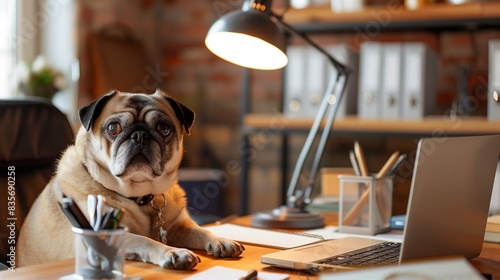A stylish pug at an ergonomic work desk with a laptop, sleek office supplies, and a modern lamp, looking adorable.
