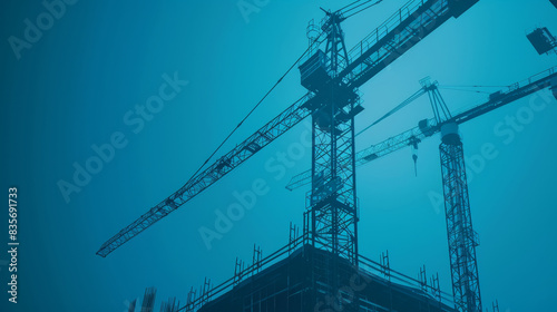 Construction cranes against a blue background - Silhouette of towering construction cranes dominating the skyline, indicative of urban development and growth