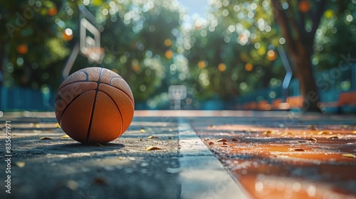 Autumn Game: Basketball on a Rainy Urban Court. A basketball left on a wet outdoor court surrounded by autumn leaves, evoking a sense of solitude and the season's change in an urban environment.