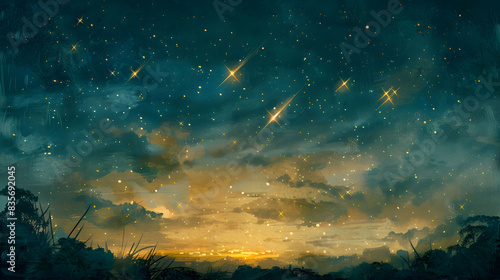 A painting of a starry sky with a comet streaking across it. The sky is filled with stars and the comet is the main focus of the painting. The painting evokes a sense of wonder