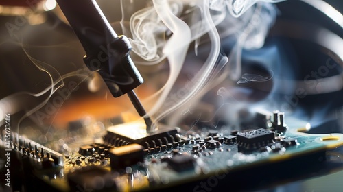 A detailed look at a soldering iron being used on a small electronic component, with smoke rising.