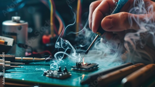 A detailed look at a soldering iron being used on a small electronic component, with smoke rising. 