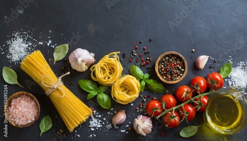 Italian food and ingredients background with, tomatos, garlic, salt, pepper, basil.
