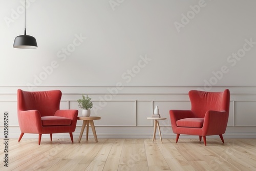 Interior home of living room with red armchair on empty white wall copy space mock up