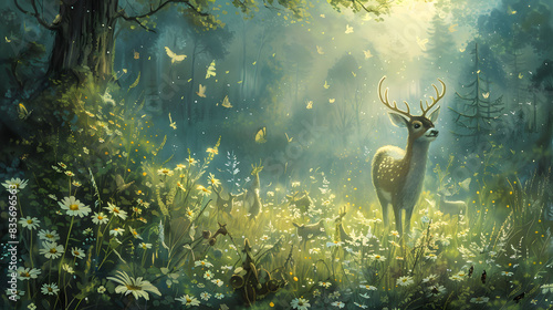 A painting of a forest with a deer and its babies. The mood of the painting is peaceful and serene