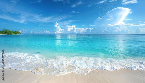 Sunny day on a beautiful sandy beach with white sand and rolling calm wave of turquoise ocean. White clouds in blue sky are reflected in water, creating a perfect scenery landscape in Maldives.