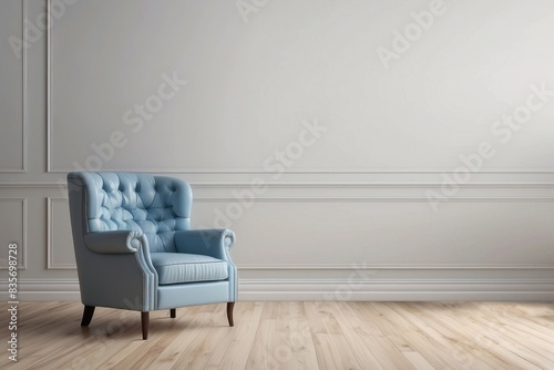 Interior home of living room with armchair on empty wall copy space mock up, hardwood floor