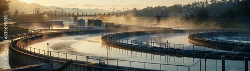 Serene sunrise at a modern wastewater treatment plant with circular tanks and purification process in focus.