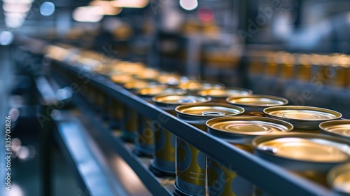 A line of canned food is arranged neatly in a clean, well-lit factory producing tinned products.