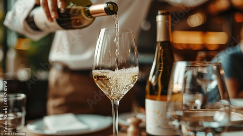 A waiter is pouring a glass of white wine into a wine glass at a restaurant.