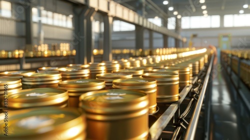 In a clean, brightly lit factory producing tinned products, there is a line of canned food.
