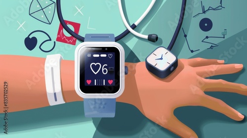A smartwatch on the wrist, with health data and heart rate display. A stethoscope is placed next to it. The background features icons representing various medical tools such as an ECG monitor or a dig