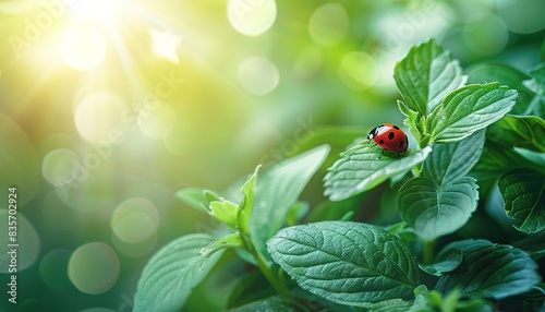 Fresh juicy green leaves and ladybug lit by rays of sun in nature with space for text wide format background image, sunlit leaves, nature backdrop, vibrant foliage scene.