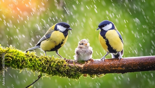 natural panoramic photo with little funny birds and Chicks sitting on a branch in summer