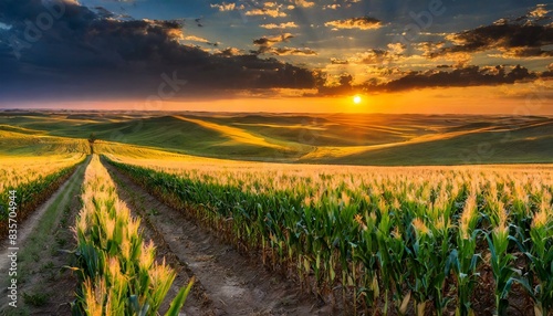 Nebraska Corn field; sunset; beautiful weather; photo; flat land