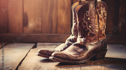 Old retro leather cowboy boots on aged textured woo