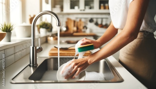 キッチンのシンクで洗い物をする女性の手元