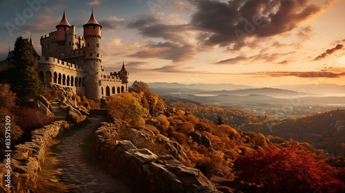 An enchanting autumn castle perched on a hill