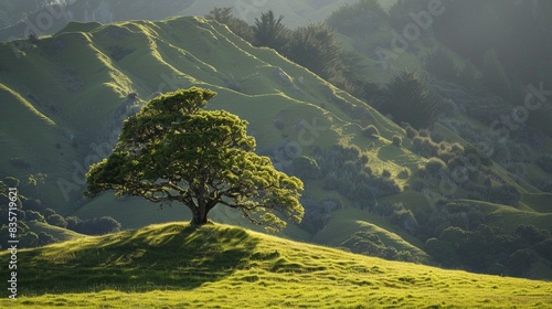 A tree standing at green hill, New Zealand