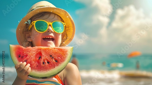 A playful scene of a child wearing oversized sunglasses and a floppy hat, holding a giant slice of watermelon with the beach and ocean in the background.
