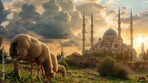 Beautiful sheep grazing in a lush landscape, with a magnificent mosque and a serene cloudy sky, celebrating the blessings of Eid ul Adha