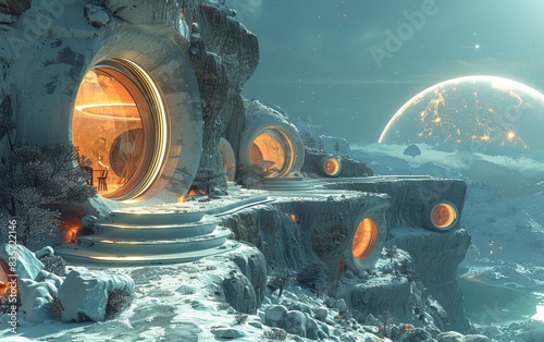 Futuristic sci-fi landscape with dome structures glowing in the snow, against a backdrop of a celestial body. Mystical and imaginative scenery.