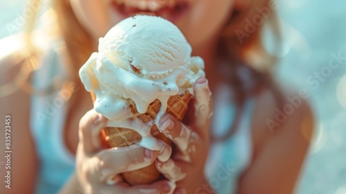 Child's hands holding melting ice cream cone on summer day 