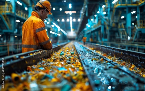 Worker in safety gear inspecting conveyor belt at recycling facility with vibrant lights and machinery in the background.