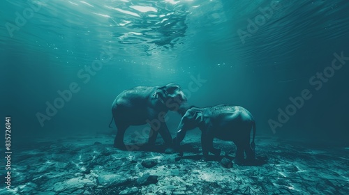  A few elephants stand beside each other on a sizable body of water, generating numerous bubbles in the water's surface and surrounding air
