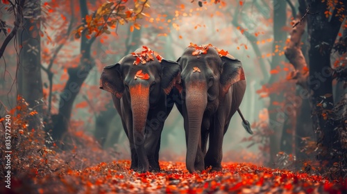  Two elephants amidst a forest, red leaves beneath orange-yellow tree trunks