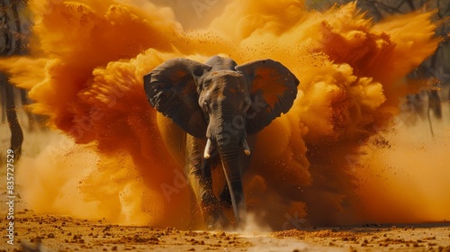  An elephant in a dirty field emits considerable orange smoke from its back, forming a connection between its trunks