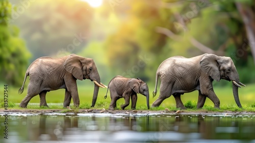  A herd of elephants traverses a grassy field beside a body of water Trees dot the background, and a radiant sun ascends over the horizon