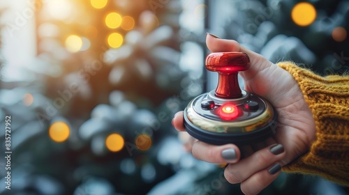  A hand, close-up, gripping a game controller in front of a Christmas tree Red light glows atop the tree's peak