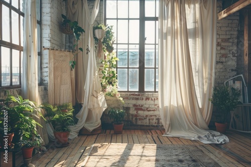 A flowing maxi dress hanging from a rustic wooden beam in a sunlit bohemian loft, with soft drapes and potted plants adding to the natural ambiance