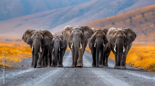  A herd of elephants walks down a road, surrounded by a vast grassy area In the distance, a hill rises against a backdrop of a clear blue sky The
