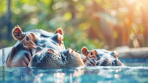  A group of hippos with heads above water's surface, in a pool, surrounded by trees and bushes