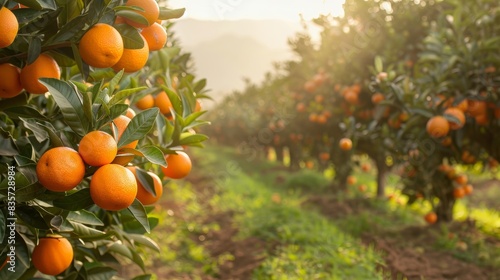 Orange trees in a picturesque orchard, laden with ripe fruits and green leaves