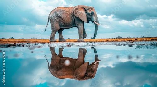  An elephant stands at water's edge, trunk above, submerged below - in mouth