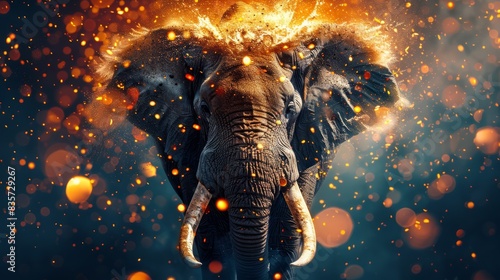  A close-up of an elephant's face with fire issuing from its trunk and flames flickering on its hide, backdrop of twinkling lights subtly blurred
