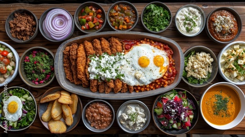  A platter of food with fried eggs, beans, salads, and four salad dressings