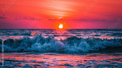 a wave crashes in the foreground; the sun sets, orange and red, in the ocean's midpoint